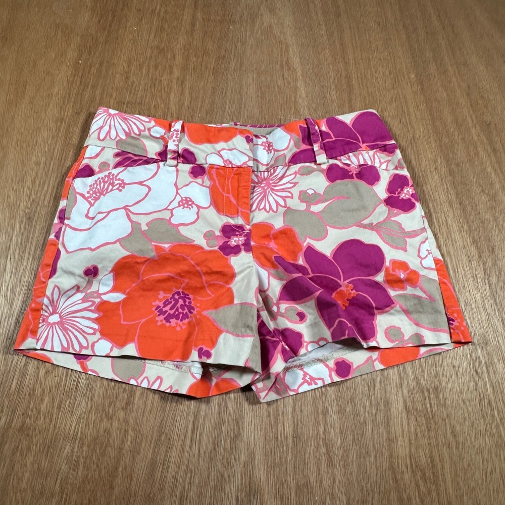 Ann Taylor Signature Petite 4P Floral Shorts Pink Orange Cotton Stretch Women